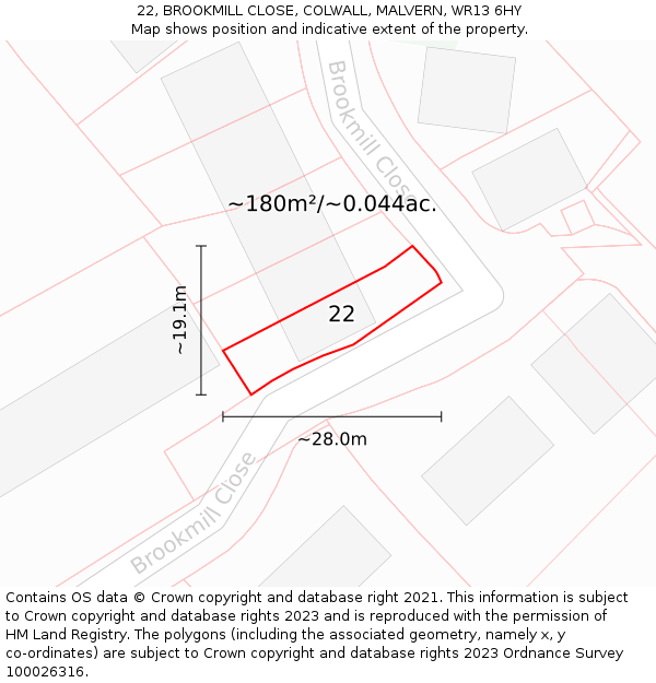 22, BROOKMILL CLOSE, COLWALL, MALVERN, WR13 6HY: Plot and title map