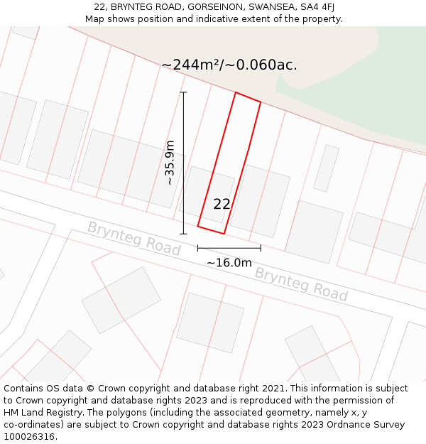 22, BRYNTEG ROAD, GORSEINON, SWANSEA, SA4 4FJ: Plot and title map