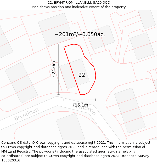 22, BRYNTIRION, LLANELLI, SA15 3QD: Plot and title map