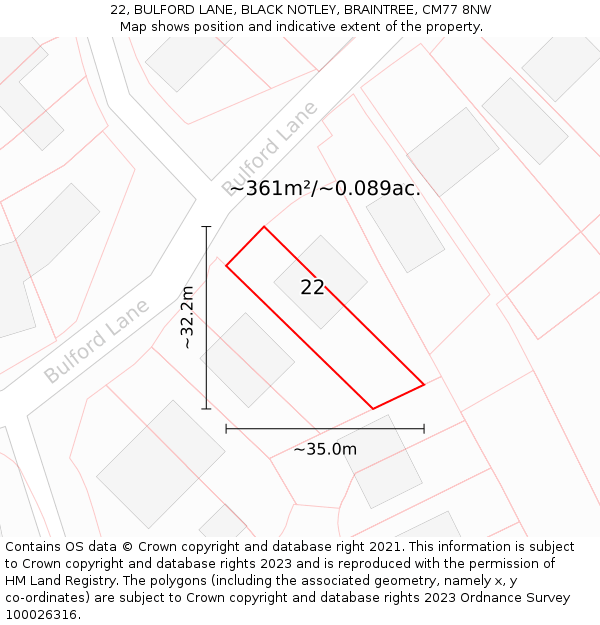 22, BULFORD LANE, BLACK NOTLEY, BRAINTREE, CM77 8NW: Plot and title map