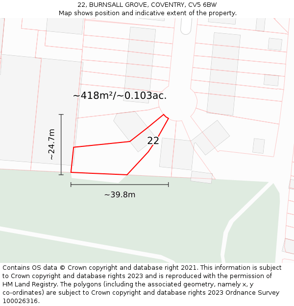 22, BURNSALL GROVE, COVENTRY, CV5 6BW: Plot and title map