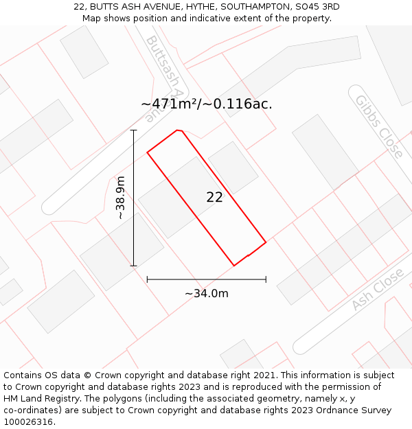 22, BUTTS ASH AVENUE, HYTHE, SOUTHAMPTON, SO45 3RD: Plot and title map