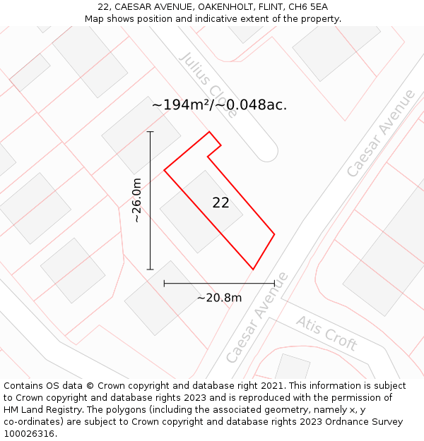 22, CAESAR AVENUE, OAKENHOLT, FLINT, CH6 5EA: Plot and title map