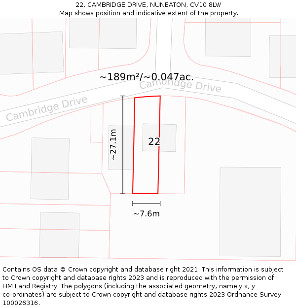 22, CAMBRIDGE DRIVE, NUNEATON, CV10 8LW: Plot and title map