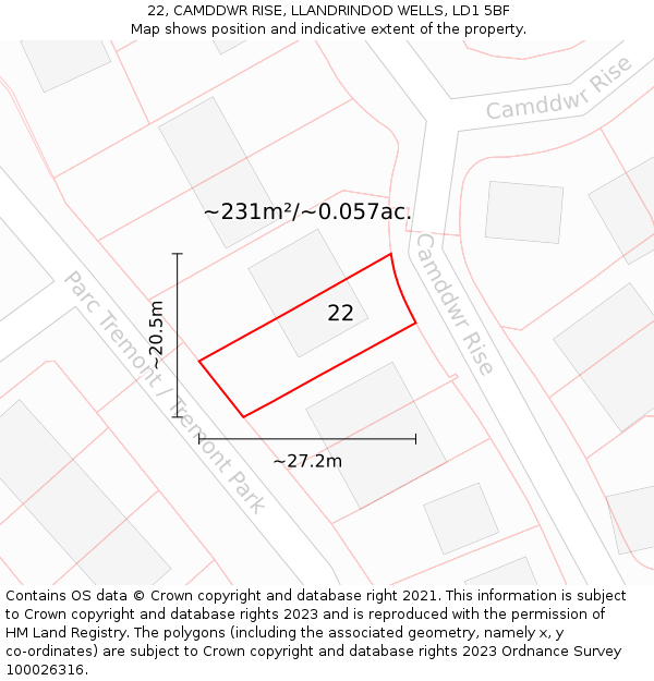 22, CAMDDWR RISE, LLANDRINDOD WELLS, LD1 5BF: Plot and title map