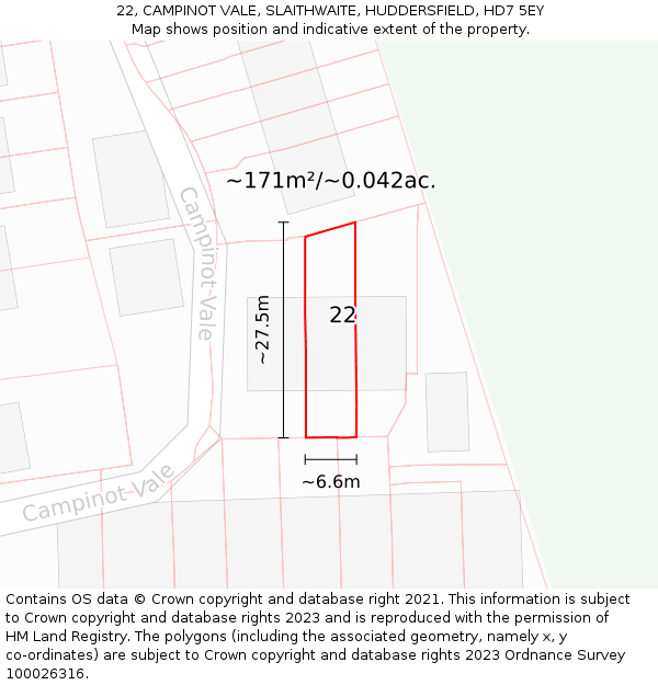 22, CAMPINOT VALE, SLAITHWAITE, HUDDERSFIELD, HD7 5EY: Plot and title map