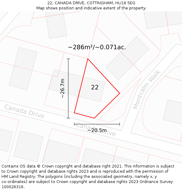 22, CANADA DRIVE, COTTINGHAM, HU16 5EG: Plot and title map