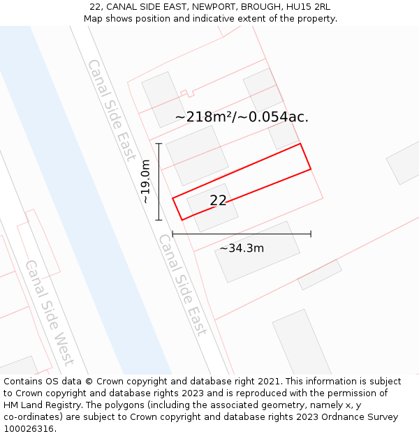 22, CANAL SIDE EAST, NEWPORT, BROUGH, HU15 2RL: Plot and title map