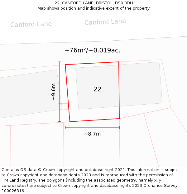 22, CANFORD LANE, BRISTOL, BS9 3DH: Plot and title map