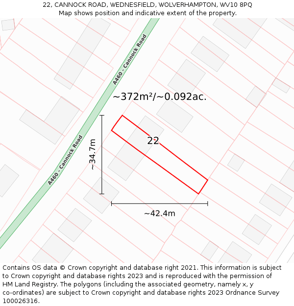 22, CANNOCK ROAD, WEDNESFIELD, WOLVERHAMPTON, WV10 8PQ: Plot and title map