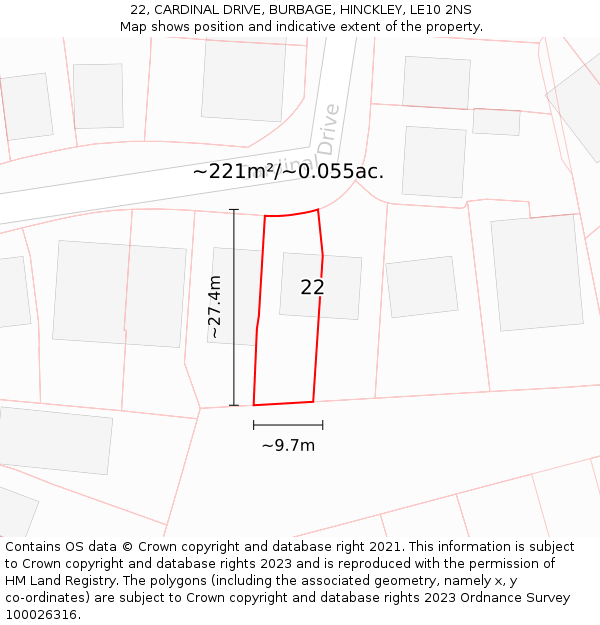 22, CARDINAL DRIVE, BURBAGE, HINCKLEY, LE10 2NS: Plot and title map