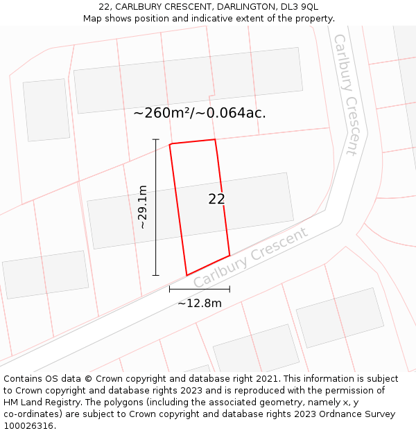 22, CARLBURY CRESCENT, DARLINGTON, DL3 9QL: Plot and title map