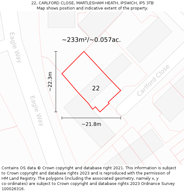 22, CARLFORD CLOSE, MARTLESHAM HEATH, IPSWICH, IP5 3TB: Plot and title map