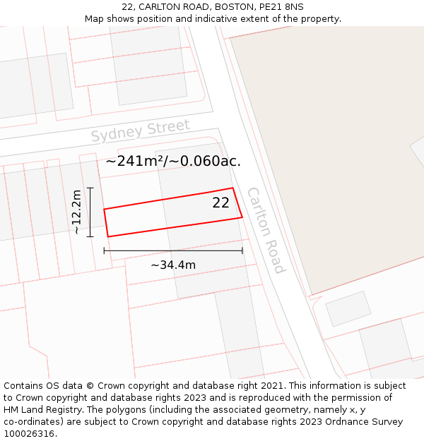 22, CARLTON ROAD, BOSTON, PE21 8NS: Plot and title map