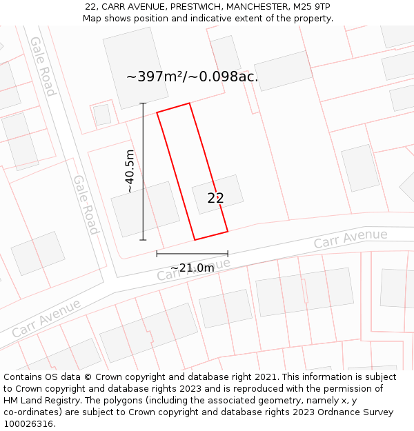 22, CARR AVENUE, PRESTWICH, MANCHESTER, M25 9TP: Plot and title map