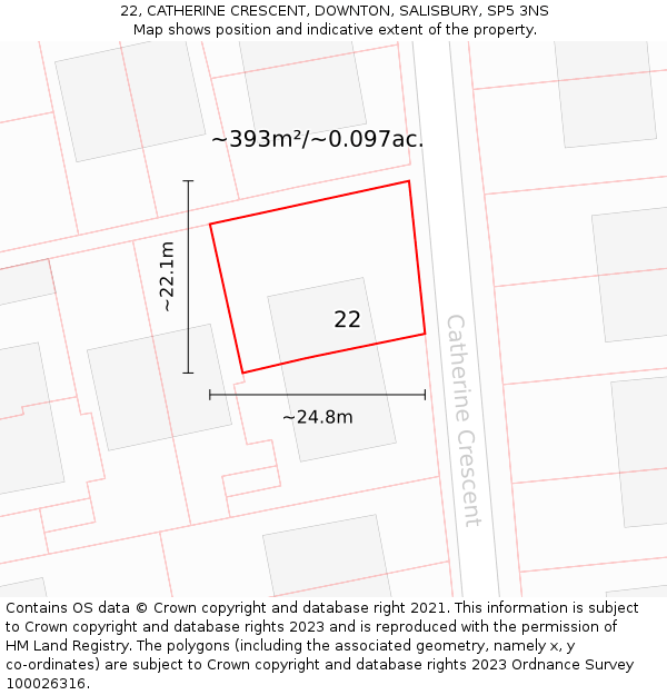 22, CATHERINE CRESCENT, DOWNTON, SALISBURY, SP5 3NS: Plot and title map