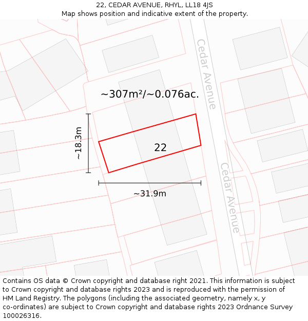 22, CEDAR AVENUE, RHYL, LL18 4JS: Plot and title map