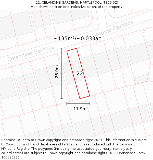 22, CELANDINE GARDENS, HARTLEPOOL, TS26 0ZJ: Plot and title map