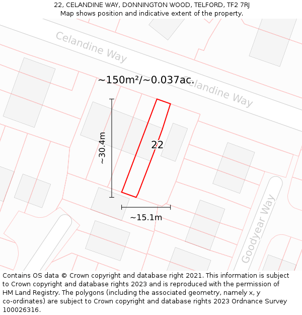 22, CELANDINE WAY, DONNINGTON WOOD, TELFORD, TF2 7RJ: Plot and title map