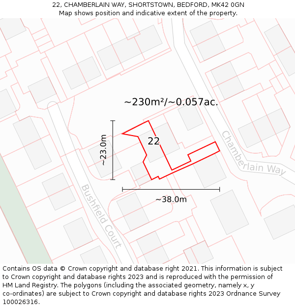 22, CHAMBERLAIN WAY, SHORTSTOWN, BEDFORD, MK42 0GN: Plot and title map