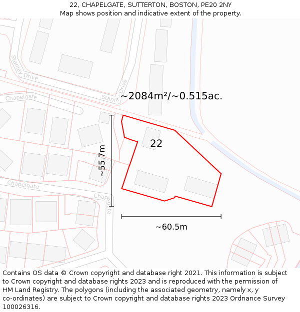 22, CHAPELGATE, SUTTERTON, BOSTON, PE20 2NY: Plot and title map