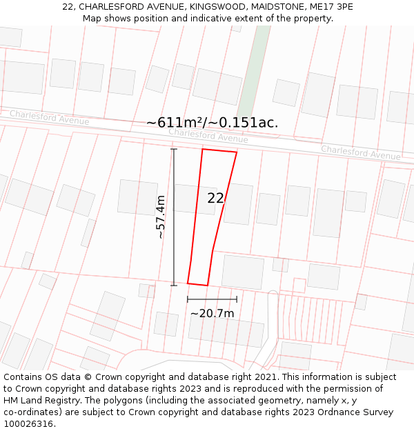 22, CHARLESFORD AVENUE, KINGSWOOD, MAIDSTONE, ME17 3PE: Plot and title map