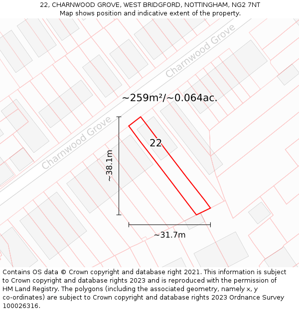 22, CHARNWOOD GROVE, WEST BRIDGFORD, NOTTINGHAM, NG2 7NT: Plot and title map