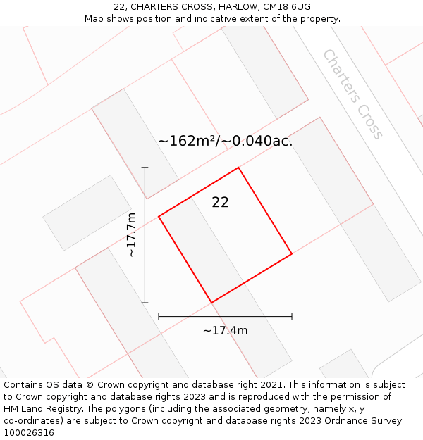 22, CHARTERS CROSS, HARLOW, CM18 6UG: Plot and title map