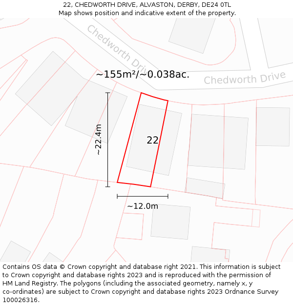 22, CHEDWORTH DRIVE, ALVASTON, DERBY, DE24 0TL: Plot and title map