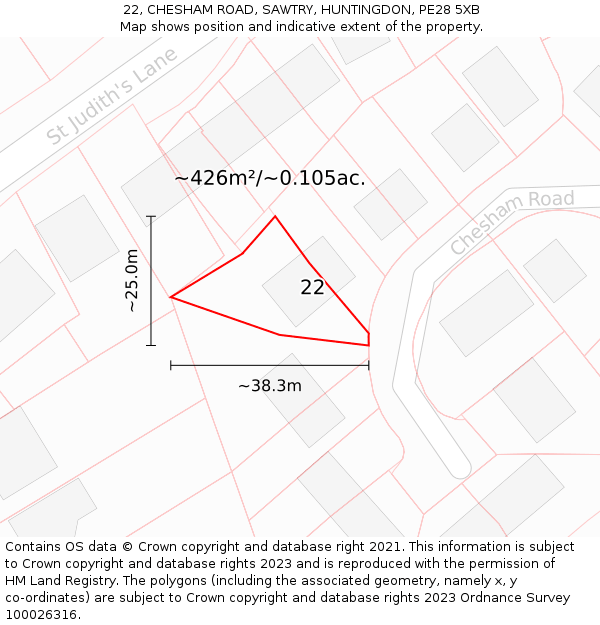 22, CHESHAM ROAD, SAWTRY, HUNTINGDON, PE28 5XB: Plot and title map