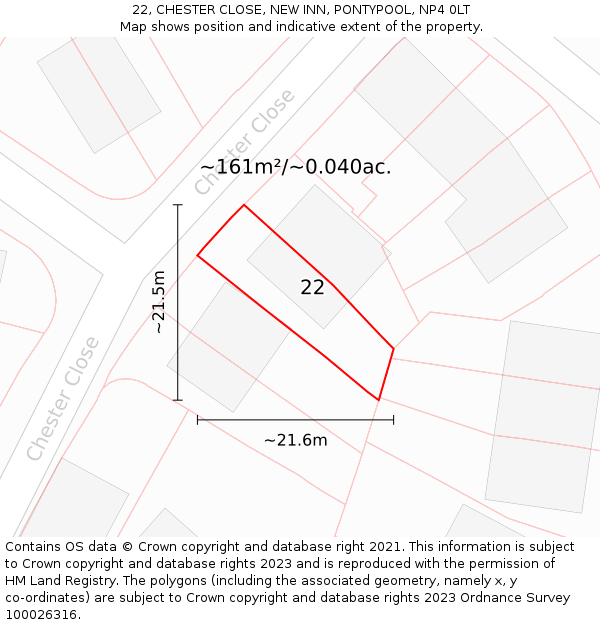 22, CHESTER CLOSE, NEW INN, PONTYPOOL, NP4 0LT: Plot and title map