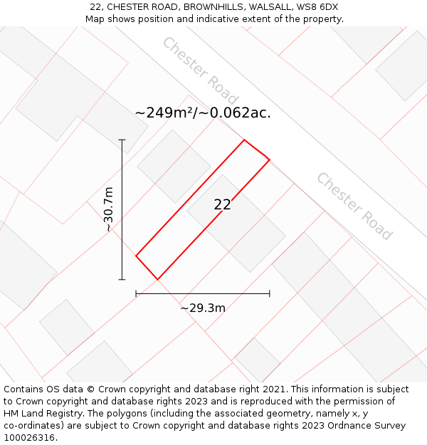 22, CHESTER ROAD, BROWNHILLS, WALSALL, WS8 6DX: Plot and title map