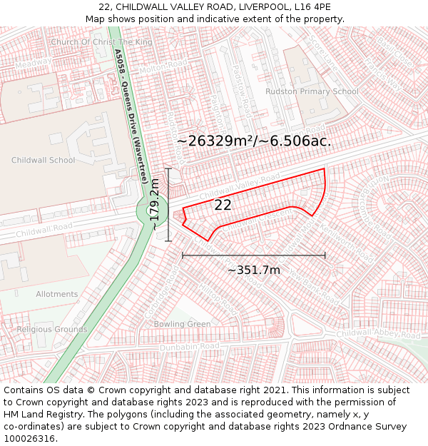 22, CHILDWALL VALLEY ROAD, LIVERPOOL, L16 4PE: Plot and title map