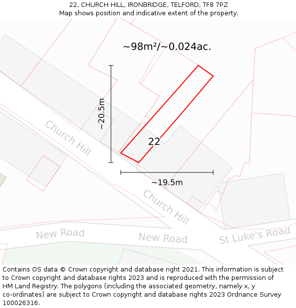 22, CHURCH HILL, IRONBRIDGE, TELFORD, TF8 7PZ: Plot and title map