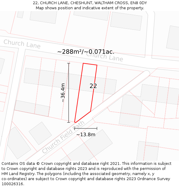 22, CHURCH LANE, CHESHUNT, WALTHAM CROSS, EN8 0DY: Plot and title map