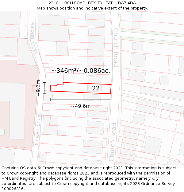 22, CHURCH ROAD, BEXLEYHEATH, DA7 4DA: Plot and title map