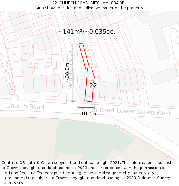 22, CHURCH ROAD, MITCHAM, CR4 3BU: Plot and title map