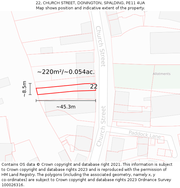 22, CHURCH STREET, DONINGTON, SPALDING, PE11 4UA: Plot and title map