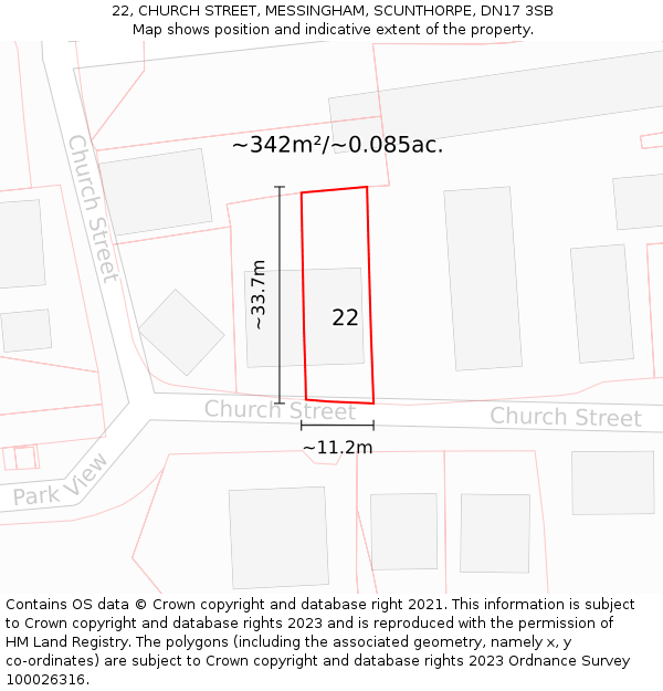 22, CHURCH STREET, MESSINGHAM, SCUNTHORPE, DN17 3SB: Plot and title map