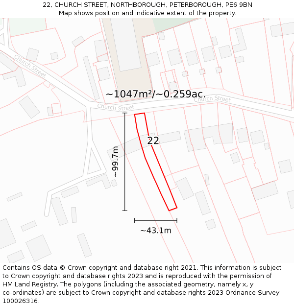 22, CHURCH STREET, NORTHBOROUGH, PETERBOROUGH, PE6 9BN: Plot and title map