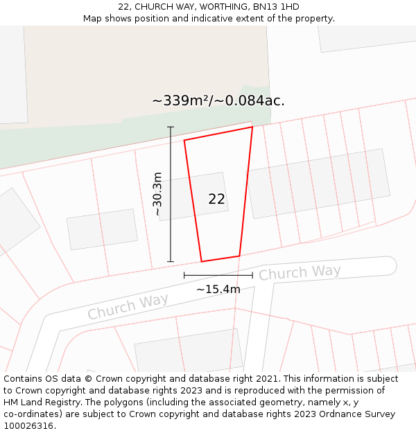 22, CHURCH WAY, WORTHING, BN13 1HD: Plot and title map