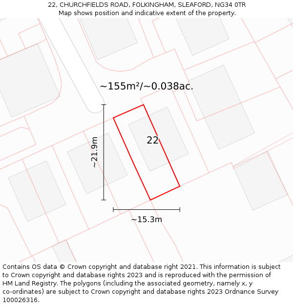 22, CHURCHFIELDS ROAD, FOLKINGHAM, SLEAFORD, NG34 0TR: Plot and title map