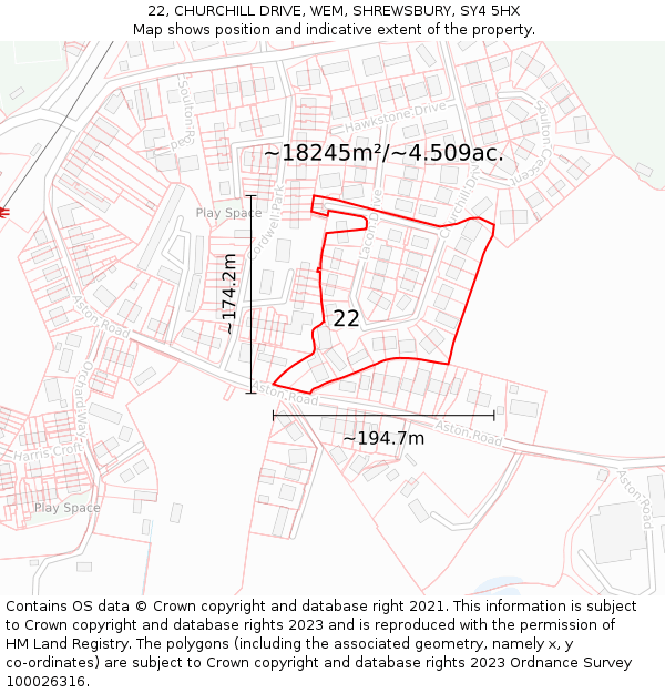 22, CHURCHILL DRIVE, WEM, SHREWSBURY, SY4 5HX: Plot and title map