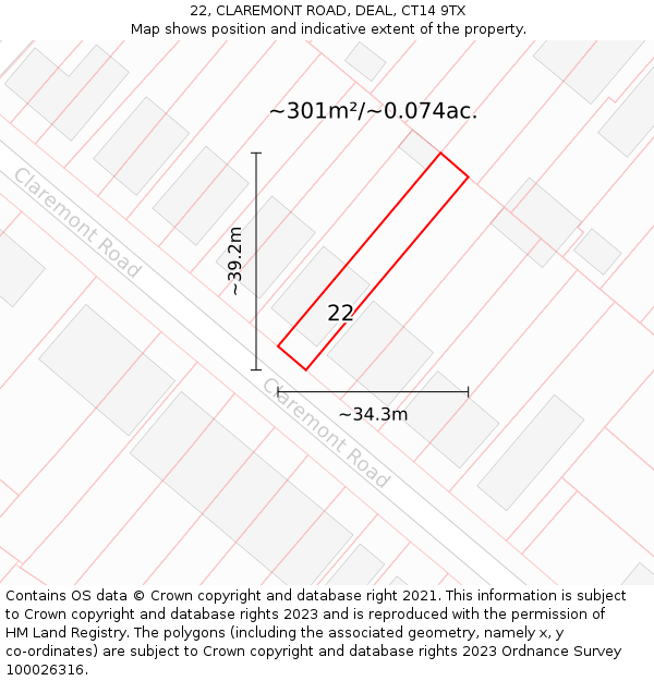 22, CLAREMONT ROAD, DEAL, CT14 9TX: Plot and title map