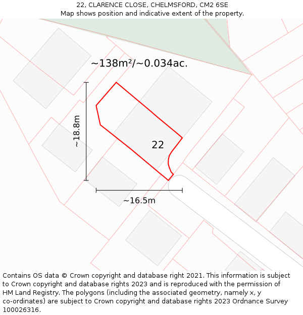 22, CLARENCE CLOSE, CHELMSFORD, CM2 6SE: Plot and title map