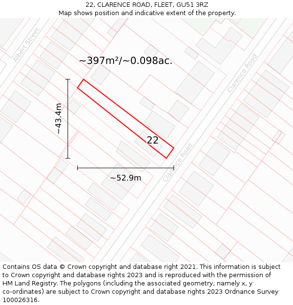 22, CLARENCE ROAD, FLEET, GU51 3RZ: Plot and title map