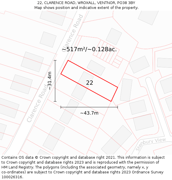 22, CLARENCE ROAD, WROXALL, VENTNOR, PO38 3BY: Plot and title map