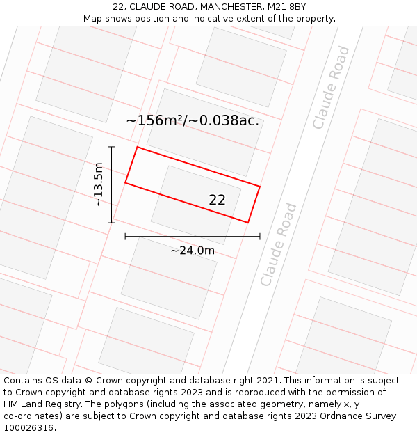 22, CLAUDE ROAD, MANCHESTER, M21 8BY: Plot and title map