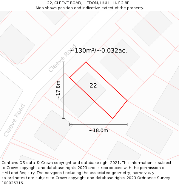 22, CLEEVE ROAD, HEDON, HULL, HU12 8PH: Plot and title map