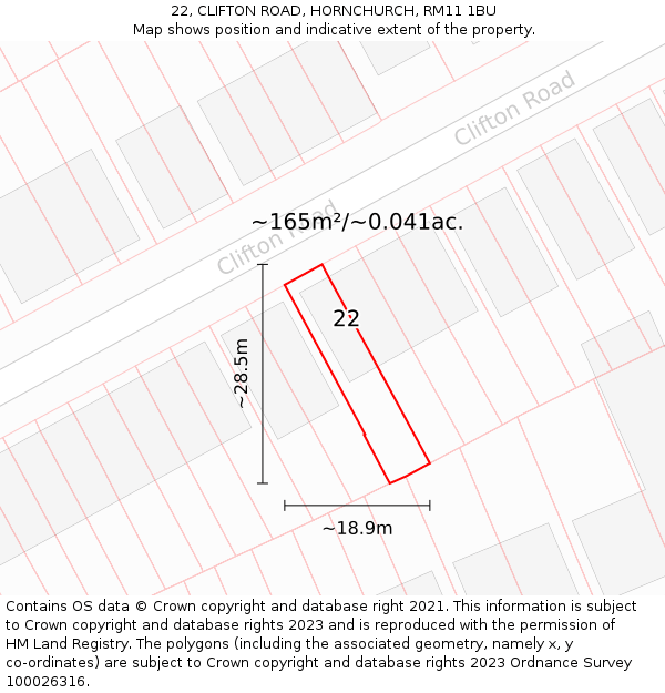 22, CLIFTON ROAD, HORNCHURCH, RM11 1BU: Plot and title map